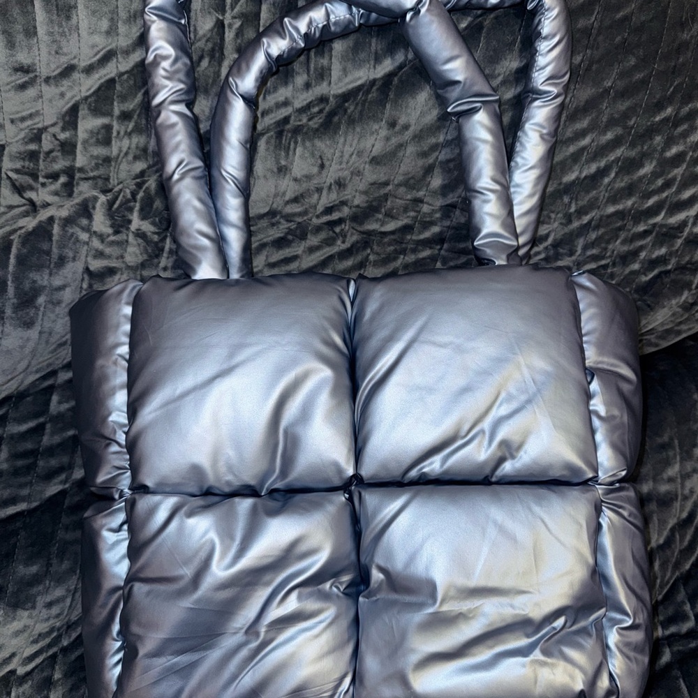 Metallic Blue Quilted Puffer Tote Bag